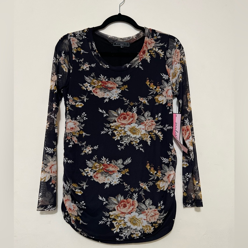 Black Floral Long Sleeve Mesh Top with Rose Print